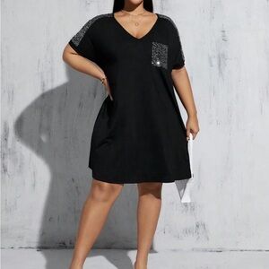 SHEIN Black V-Neck Mini Dress with Sequin Pocket & Shoulder Detail